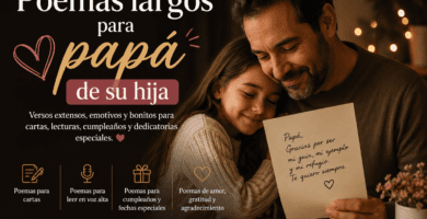 Padre e hija abrazados mientras leen una carta con un poema largo para papá de su hija.
