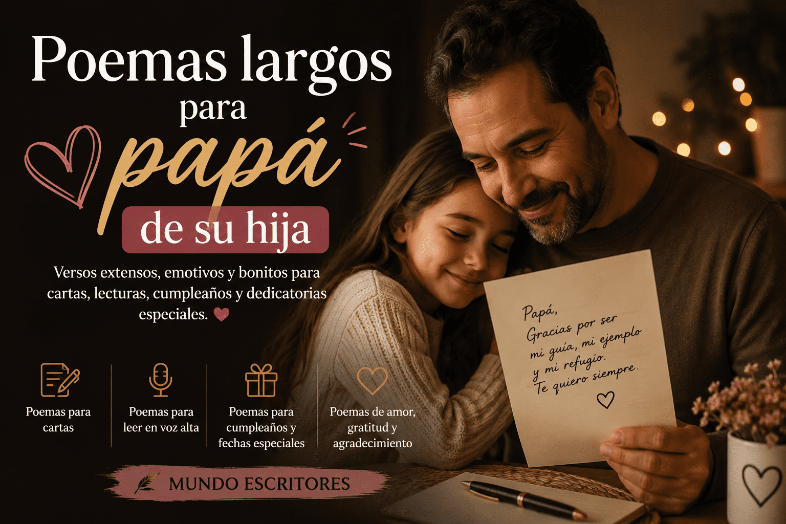 Padre e hija abrazados mientras leen una carta con un poema largo para papá de su hija.