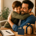 Padre abrazando a su hijo junto a una tarjeta, regalo y cuaderno para dedicar poemas en el Día del Padre 2026.