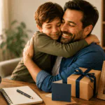 Padre abrazando a su hijo junto a una tarjeta, regalo y cuaderno para dedicar poemas en el Día del Padre 2026.