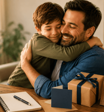 Padre abrazando a su hijo junto a una tarjeta, regalo y cuaderno para dedicar poemas en el Día del Padre 2026.