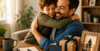 Padre abrazando a su hijo junto a una tarjeta, regalo y cuaderno para dedicar poemas en el Día del Padre 2026.