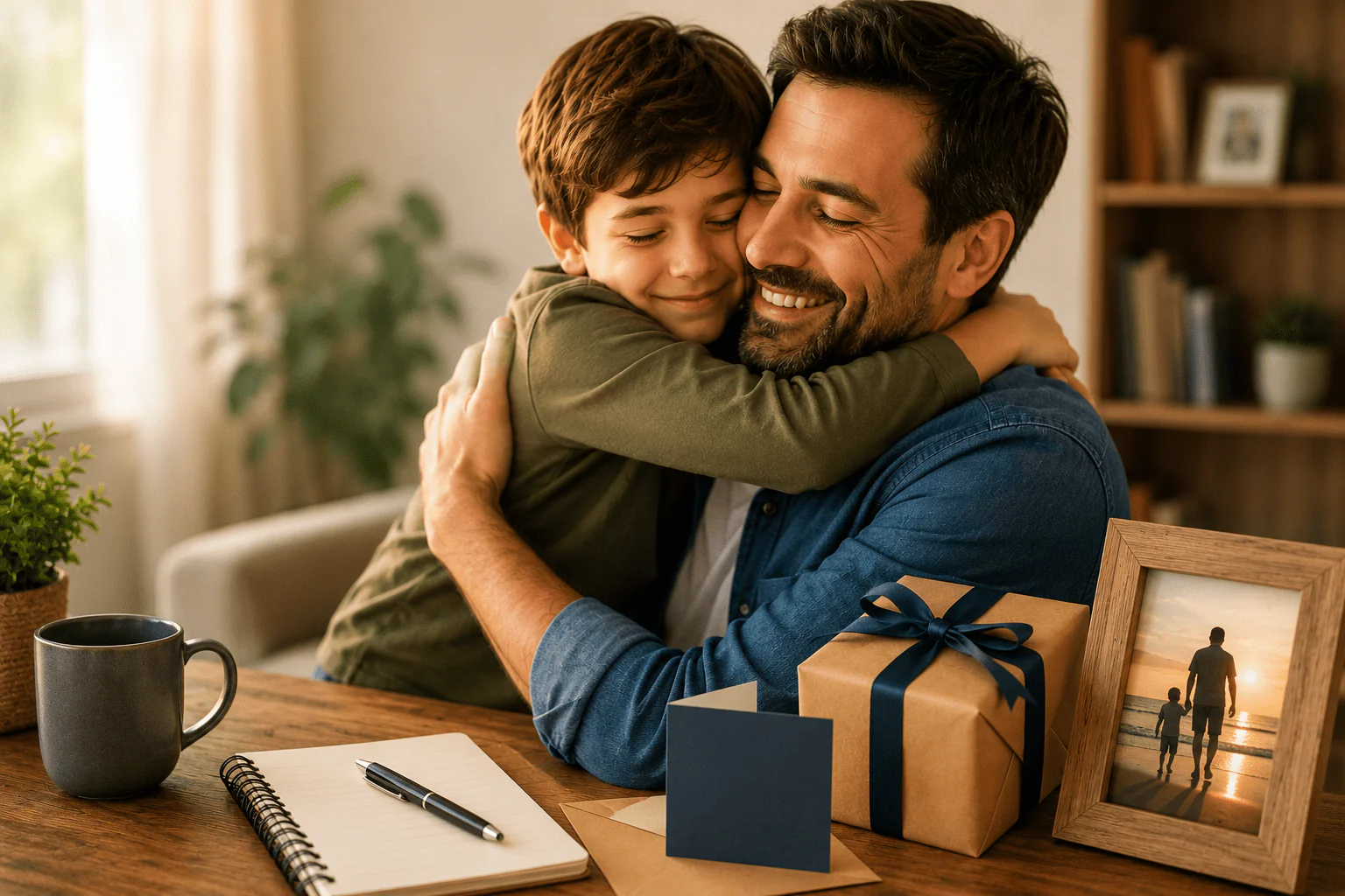 Padre abrazando a su hijo junto a una tarjeta, regalo y cuaderno para dedicar poemas en el Día del Padre 2026.