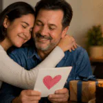 Hija abrazando a su papá mientras le entrega una tarjeta por el Día del Padre.