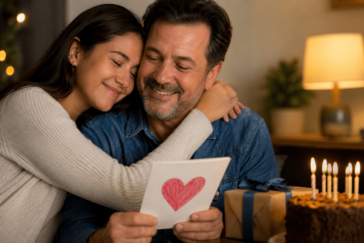 Hija abrazando a su papá mientras le entrega una tarjeta por el Día del Padre.