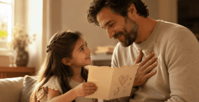 Hija entregando una tarjeta a su papá para dedicarle poemas en el Día del Padre