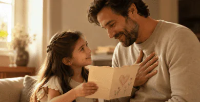 Hija entregando una tarjeta a su papá para dedicarle poemas en el Día del Padre