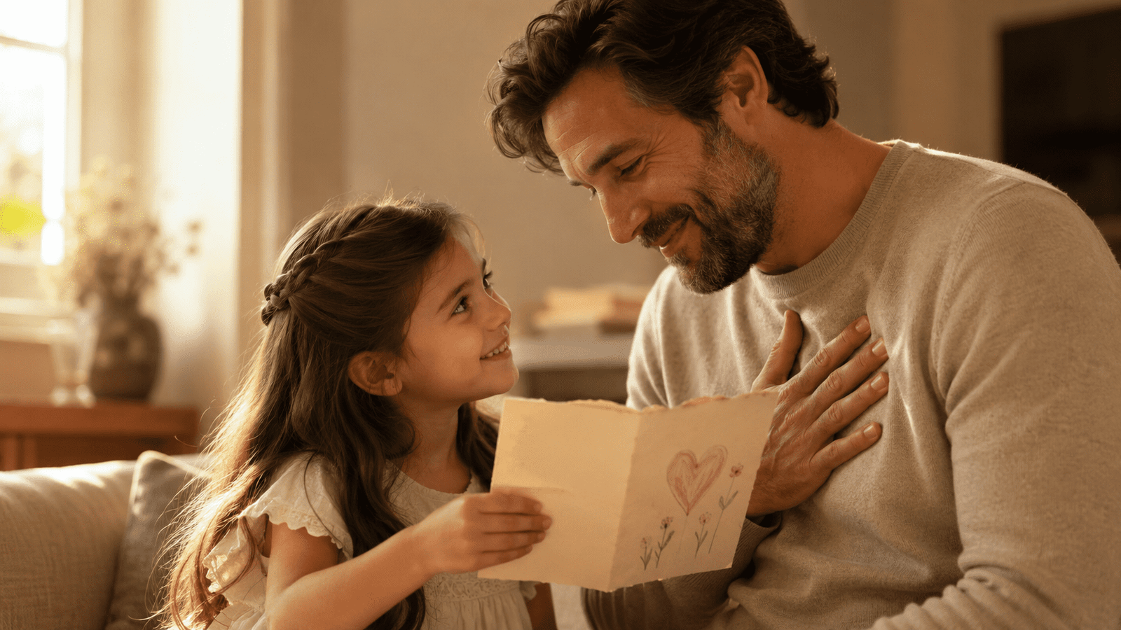 Hija entregando una tarjeta a su papá para dedicarle poemas en el Día del Padre