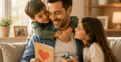 Padre recibe una tarjeta y un regalo de sus hijos en una escena familiar emotiva para el Día del Padre