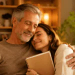 Hija abraza a su papá en un momento cálido de amor, orgullo y admiración familiar.