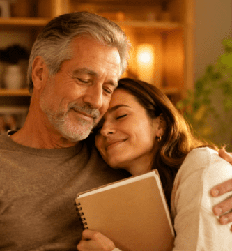 Hija abraza a su papá en un momento cálido de amor, orgullo y admiración familiar.