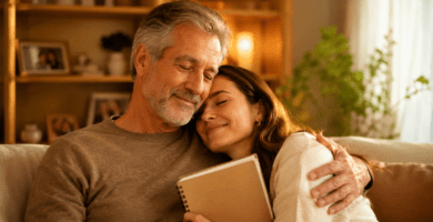Hija abraza a su papá en un momento cálido de amor, orgullo y admiración familiar.