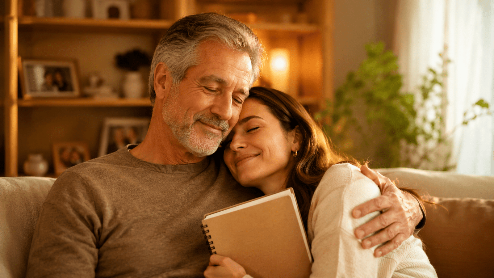 Hija abraza a su papá en un momento cálido de amor, orgullo y admiración familiar.