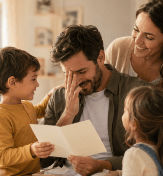Padre emocionado recibe una carta del Día del Padre de su esposa e hijos en un momento familiar