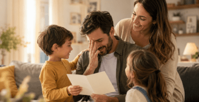 Padre emocionado recibe una carta del Día del Padre de su esposa e hijos en un momento familiar