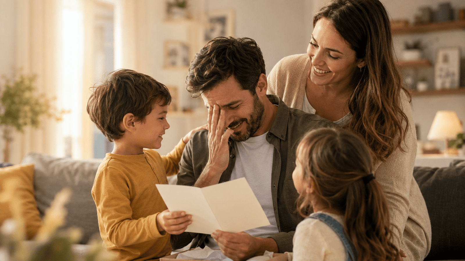 Padre emocionado recibe una carta del Día del Padre de su esposa e hijos en un momento familiar