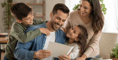 Esposo recibiendo una tarjeta de Día del Padre junto a su esposa e hijos en una escena familiar cálida y emotiva
