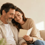 Padre e hija leyendo una tarjeta con un poema personal para papá en un ambiente cálido y familiar.