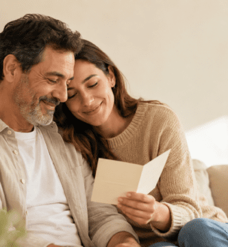 Padre e hija leyendo una tarjeta con un poema personal para papá en un ambiente cálido y familiar.