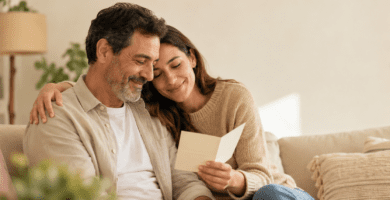 Padre e hija leyendo una tarjeta con un poema personal para papá en un ambiente cálido y familiar.
