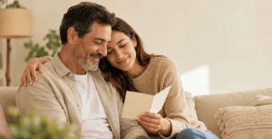Padre e hija leyendo una tarjeta con un poema personal para papá en un ambiente cálido y familiar.