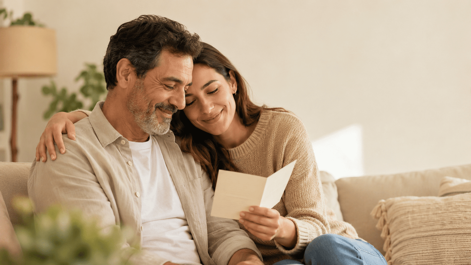 Padre e hija leyendo una tarjeta con un poema personal para papá en un ambiente cálido y familiar.