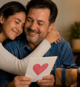 Hija abraza a su papá en su cumpleaños mientras él sostiene una tarjeta hecha con amor.