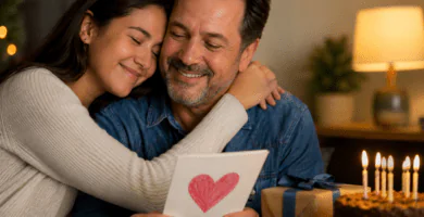 Hija abraza a su papá en su cumpleaños mientras él sostiene una tarjeta hecha con amor.