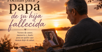 Papá recordando a su hija fallecida con una foto al atardecer, imagen para poemas de duelo y memoria