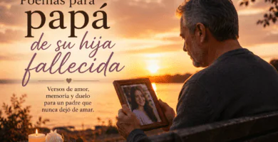 Papá recordando a su hija fallecida con una foto al atardecer, imagen para poemas de duelo y memoria