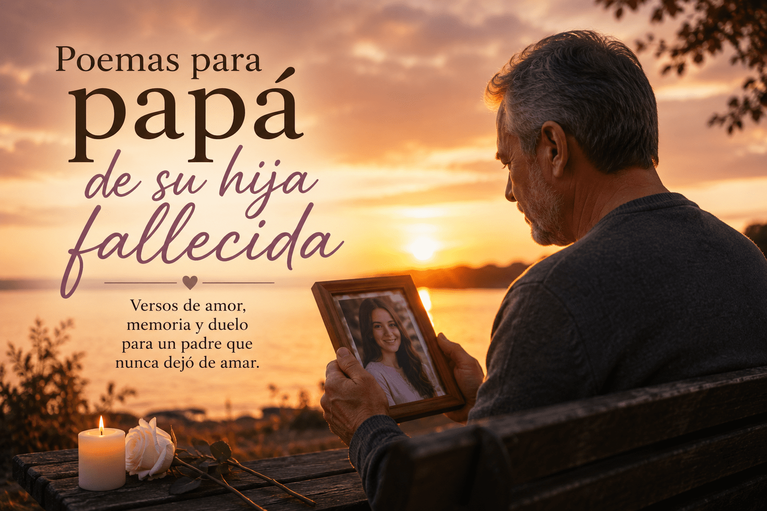 Papá recordando a su hija fallecida con una foto al atardecer, imagen para poemas de duelo y memoria