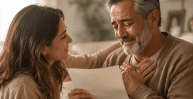 Hija entrega un poema emotivo a su papá mientras él se conmueve hasta las lágrimas.