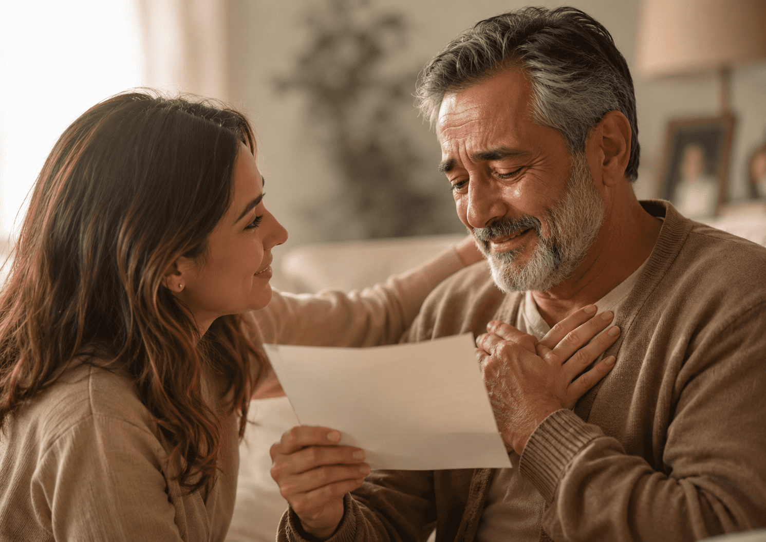 Hija entrega un poema emotivo a su papá mientras él se conmueve hasta las lágrimas.