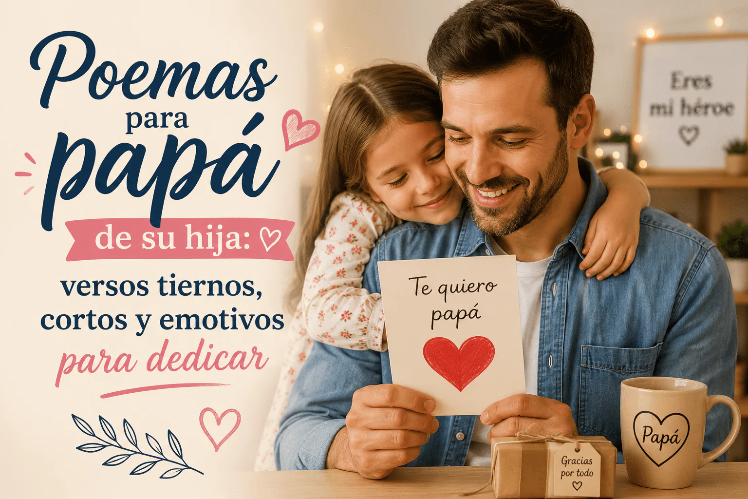 Un père enlace sa fille qui reçoit une carte en forme de cœur, dans une scène familiale touchante où sa fille lui adresse des poèmes pour son père.