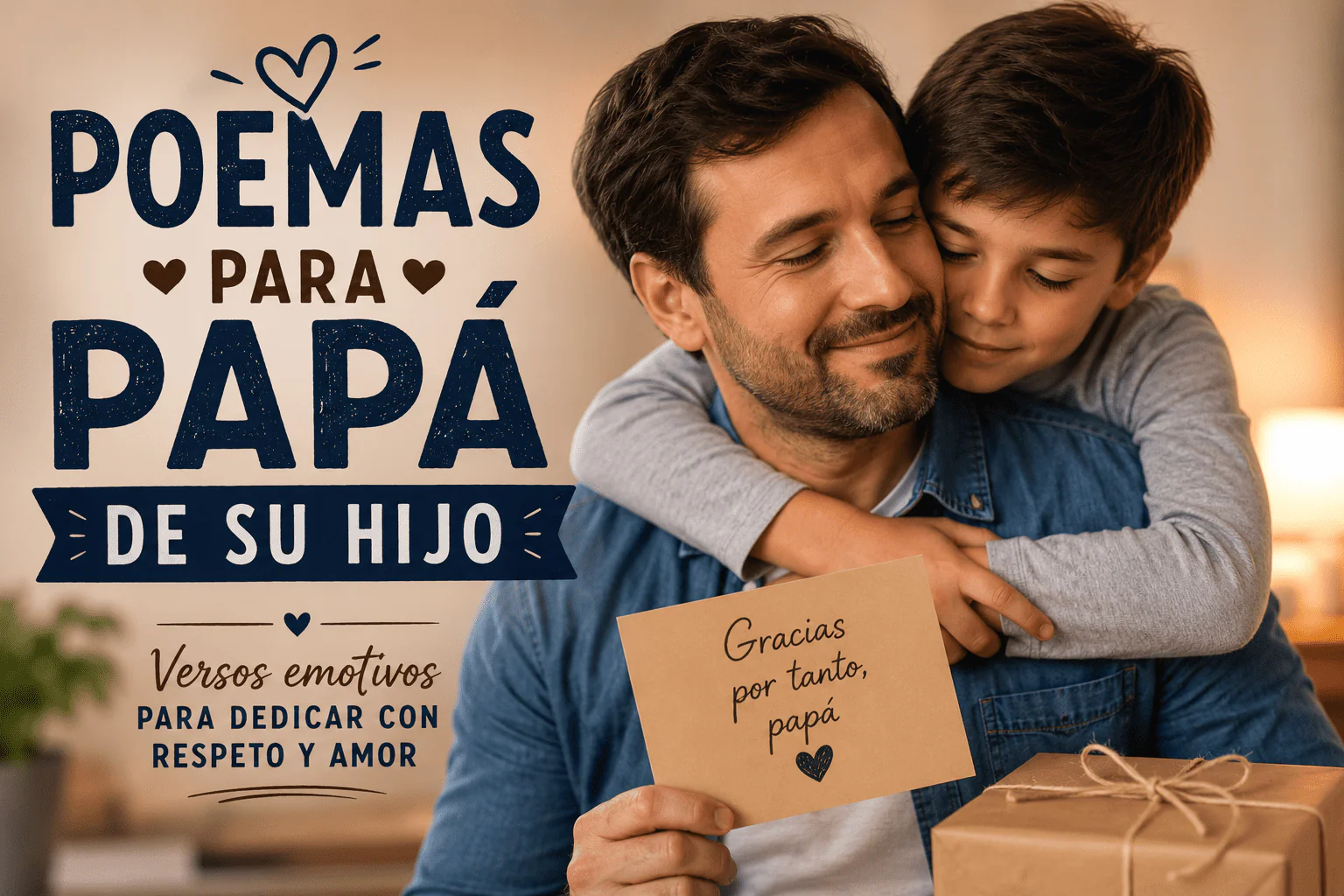 Padre abrazado por su hijo mientras sostiene una tarjeta de agradecimiento en una escena familiar emotiva para poemas para papá de su hijo