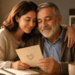 Hija adulta abrazando a su papá mientras leen una tarjeta, imagen para poemas para papá de una hija adulta