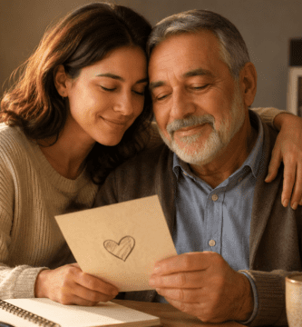 Hija adulta abrazando a su papá mientras leen una tarjeta, imagen para poemas para papá de una hija adulta