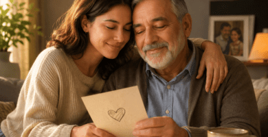 Hija adulta abrazando a su papá mientras leen una tarjeta, imagen para poemas para papá de una hija adulta