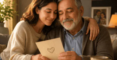 Hija adulta abrazando a su papá mientras leen una tarjeta, imagen para poemas para papá de una hija adulta