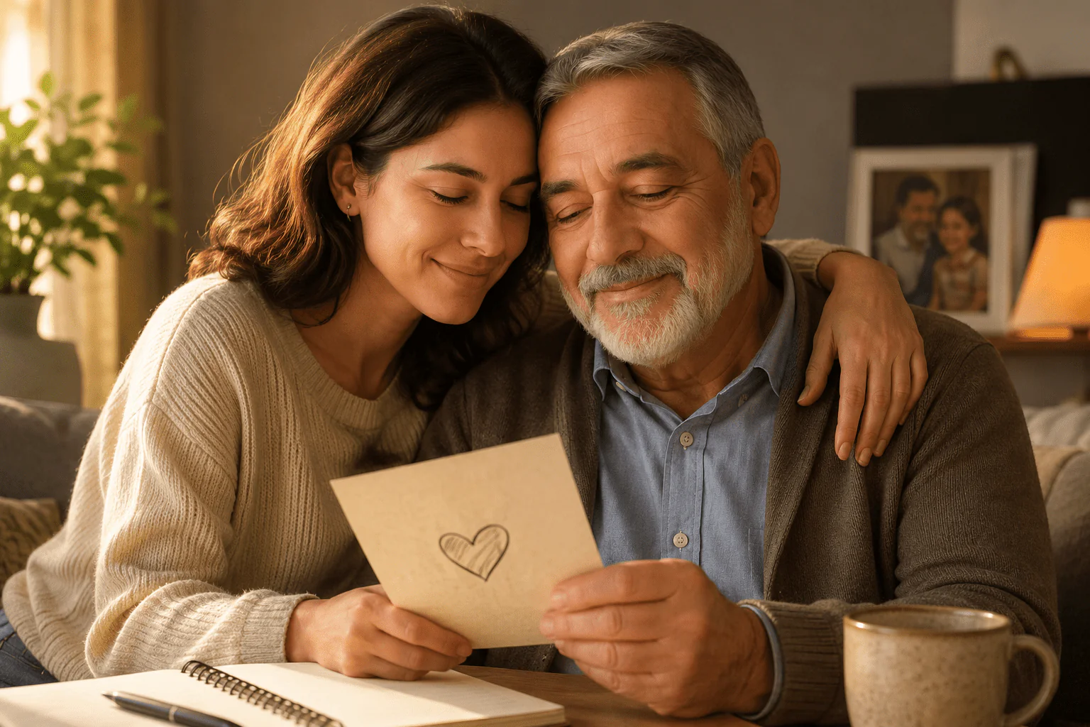 Hija adulta abrazando a su papá mientras leen una tarjeta, imagen para poemas para papá de una hija adulta
