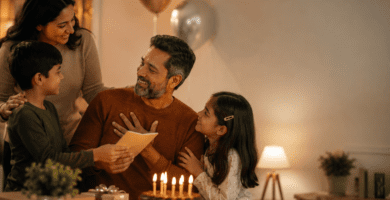 Padre celebrando su cumpleaños junto a sus hijos y familia mientras recibe una tarjeta emotiva frente a un pastel con velas