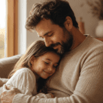 Papá abrazando a su hija en un ambiente cálido, reflejando protección, amor y refugio familiar.