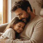 Papá abrazando a su hija en un ambiente cálido, reflejando protección, amor y refugio familiar.