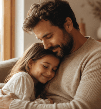 Papá abrazando a su hija en un ambiente cálido, reflejando protección, amor y refugio familiar.