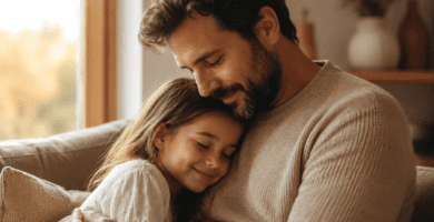 Papá abrazando a su hija en un ambiente cálido, reflejando protección, amor y refugio familiar.