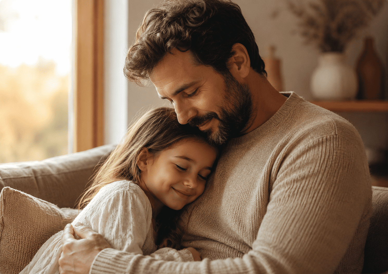 Papá abrazando a su hija en un ambiente cálido, reflejando protección, amor y refugio familiar.
