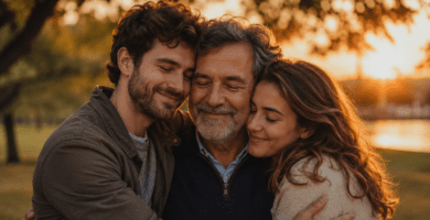 Padre abrazado por su hijo y su hija en una escena familiar emotiva para poemas para papá