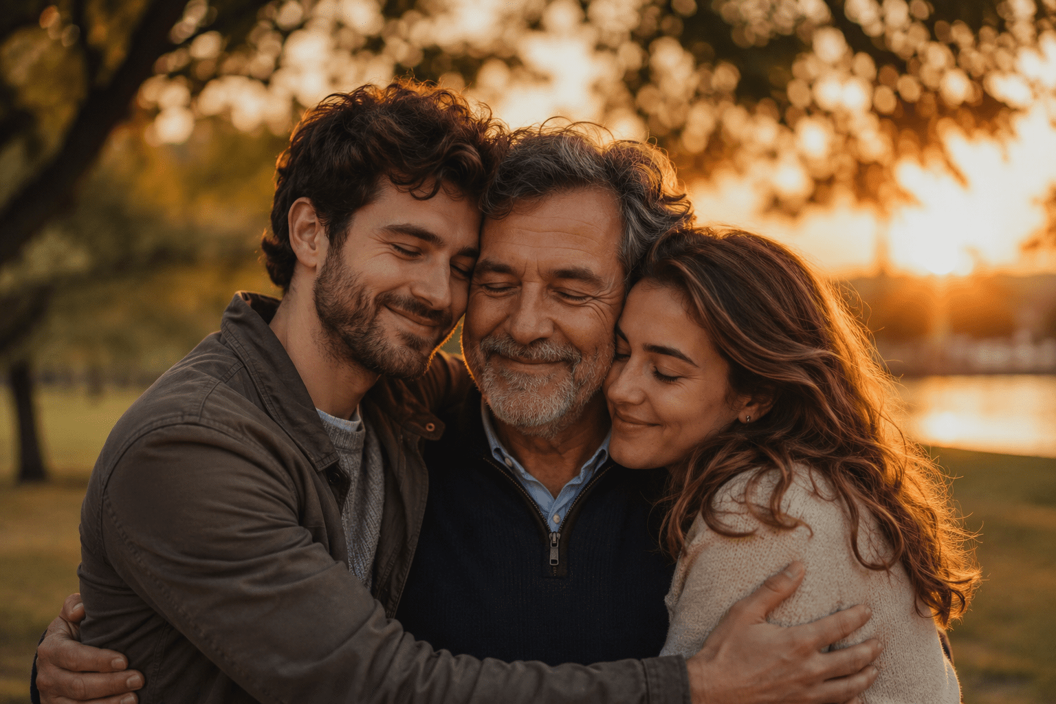 Padre abrazado por su hijo y su hija en una escena familiar emotiva para poemas para papá