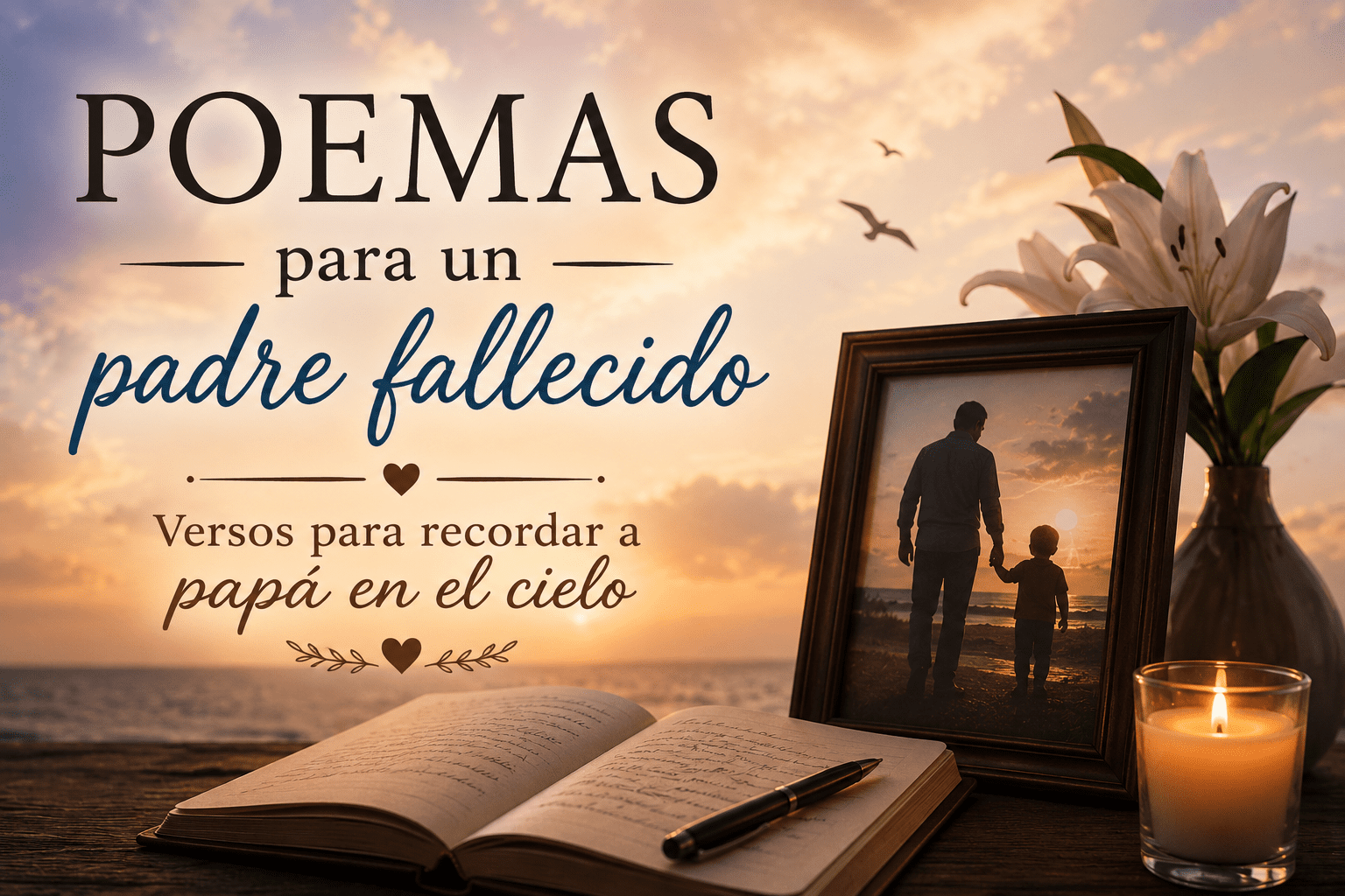 Libro abierto, vela encendida y foto de padre con hijo al atardecer para poemas dedicados a un padre fallecido