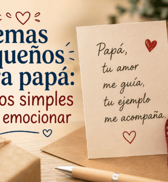Tarjeta con poema pequeño para papá sobre una mesa cálida con regalo, corazón decorativo y taza.